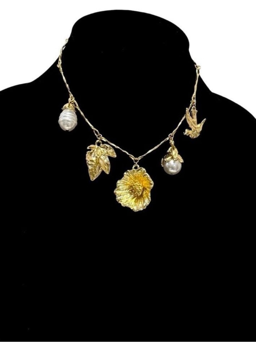 Golden Bloom Gold Flower and Pearl Charm Necklace NWT